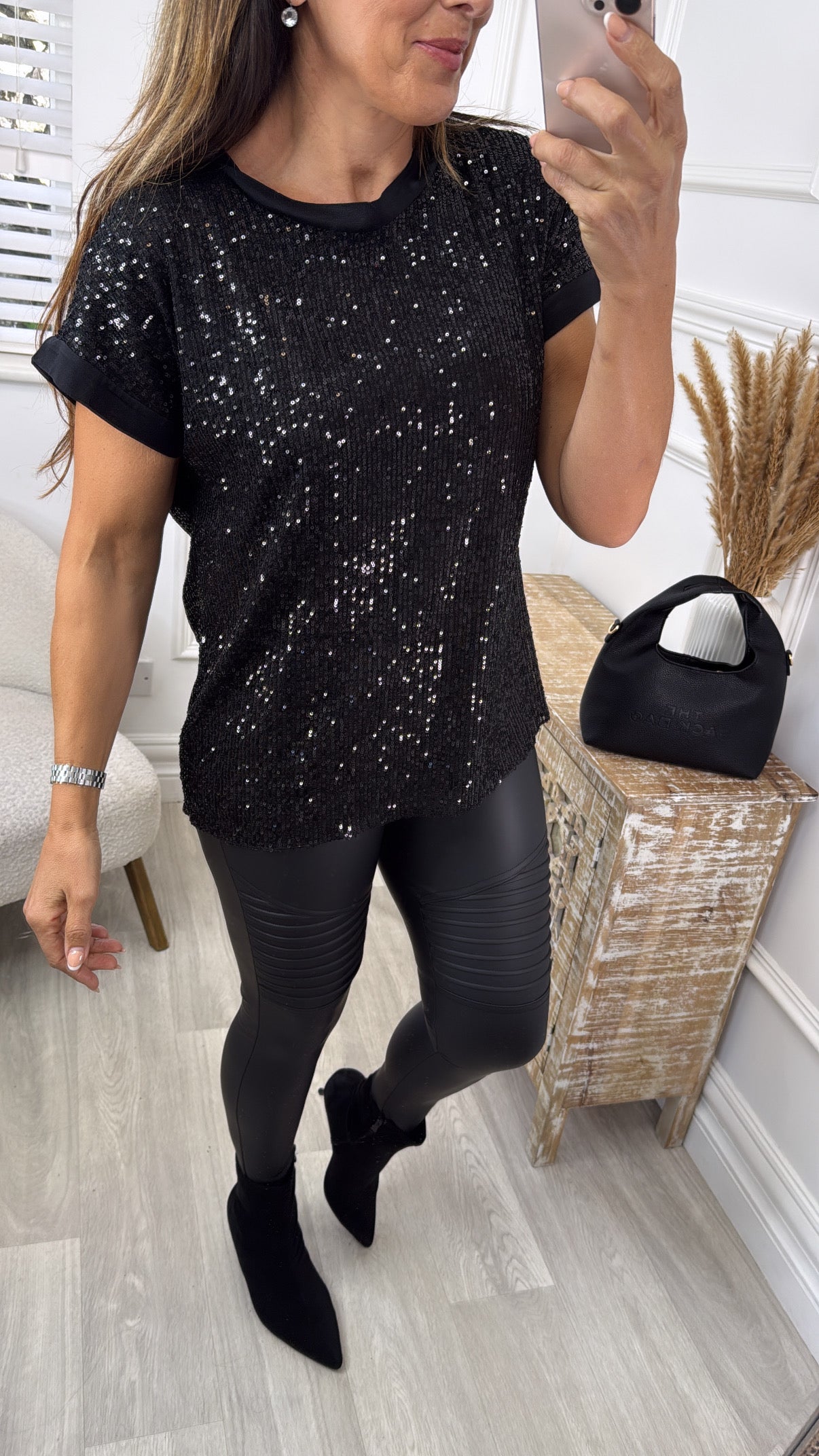 Matilda Black Sequin Short Sleeve Top