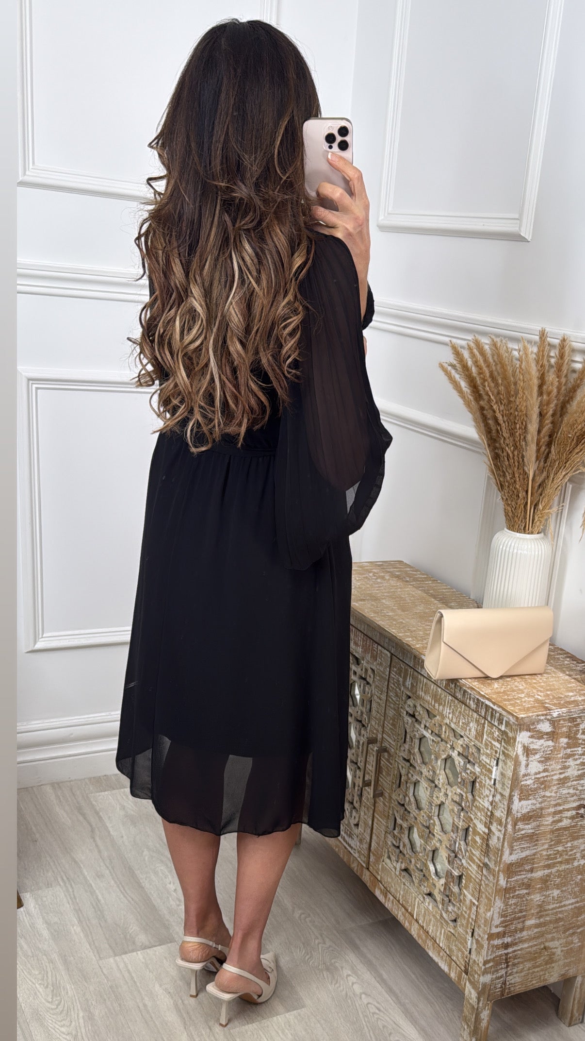 Cher Black Pleated Sleeve Wrap Dress