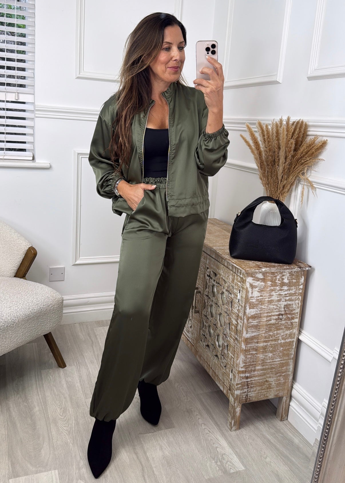 Trina Khaki Satin Zip Bomber