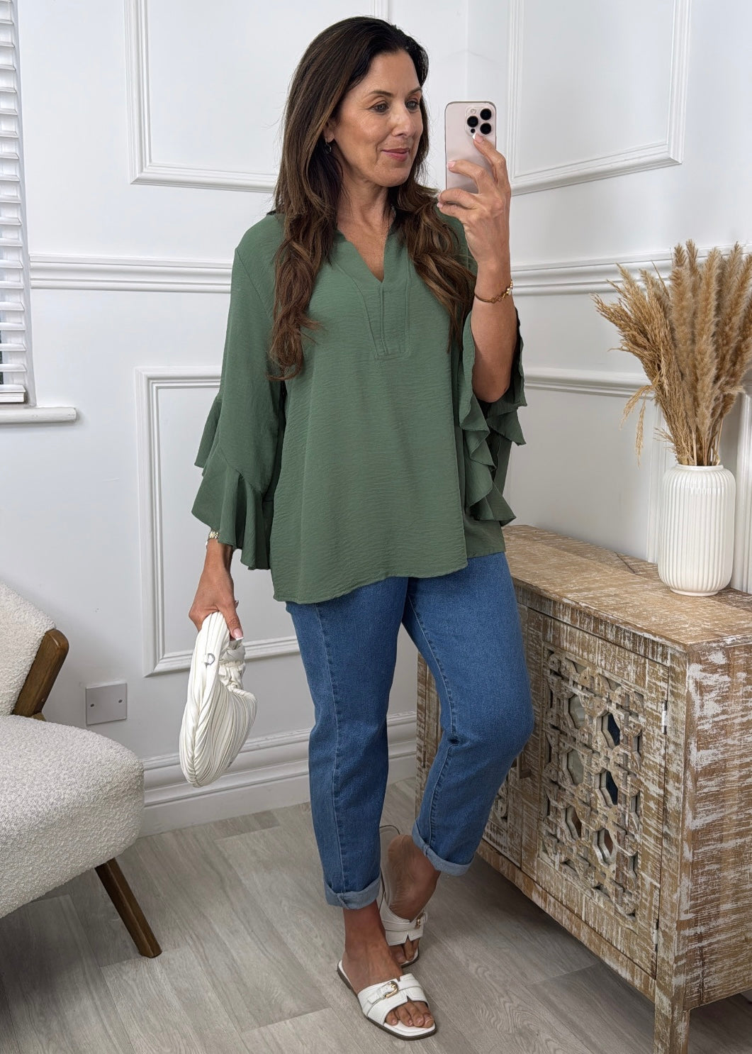 Ayda Khaki Ruffle Sleeve Top