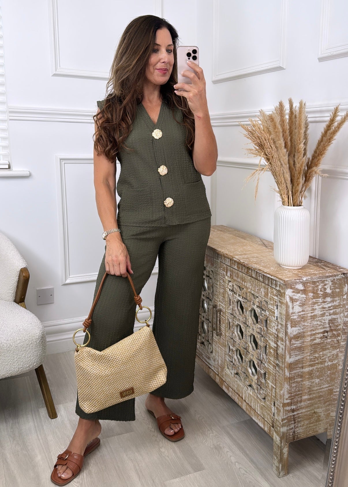Fiona Khaki Gold Button Set