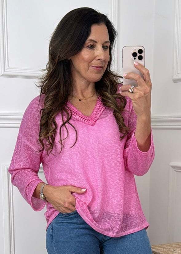 Philomena Pink Crochet Neck Top