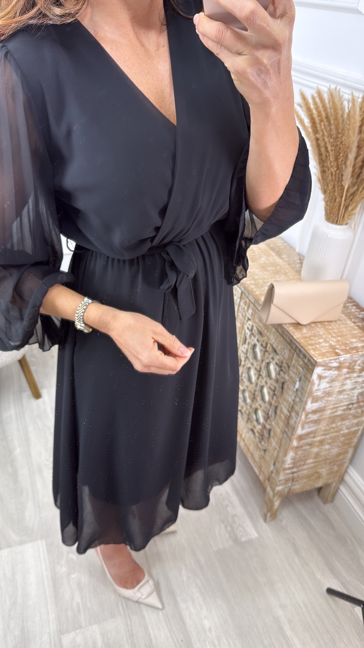 Cher Black Pleated Sleeve Wrap Dress