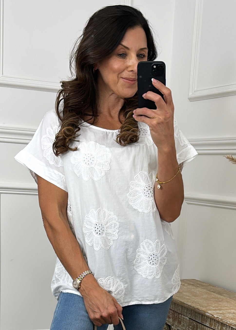 Kirby White Broderie Flower Top