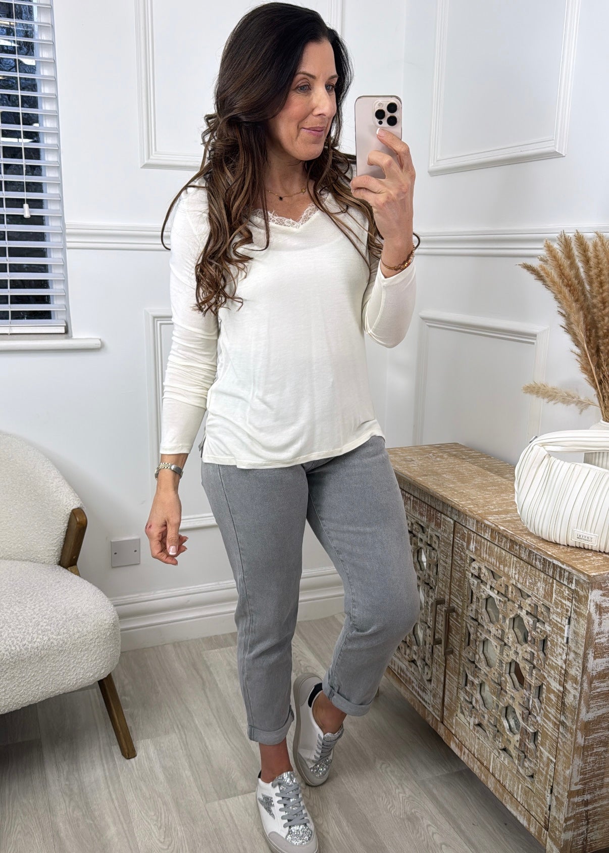 Leni Offwhite Lace Trim Neck  Top