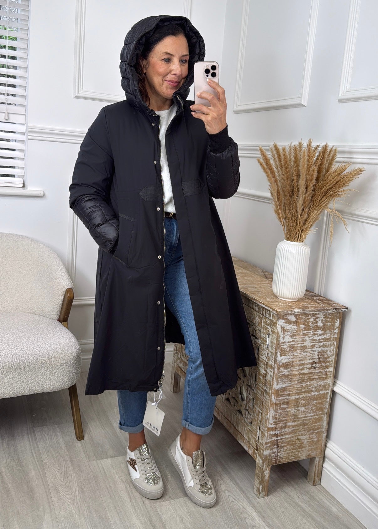Paloma Black Mid Length Quilted Sleeve Coat