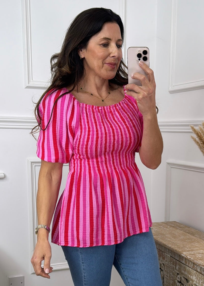 Mathea Fuchsia Striped Puff Sleeve Blouse