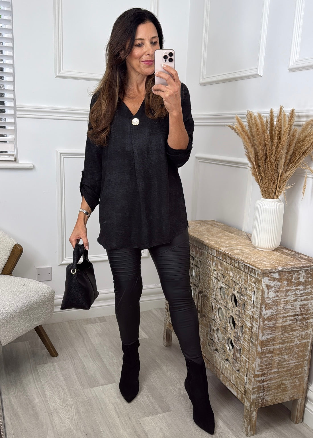 Kourtney Black Button Detail Top