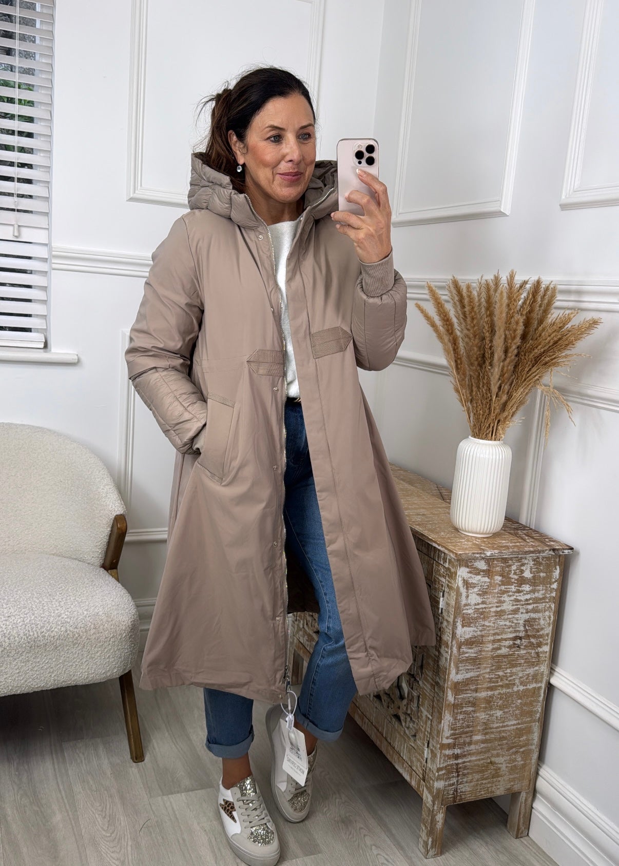 Paloma Beige Mid Length Quilted Sleeve Coat