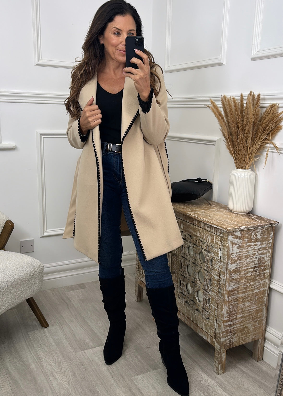 Glasha Cream Crochet Trim Wrap Coat
