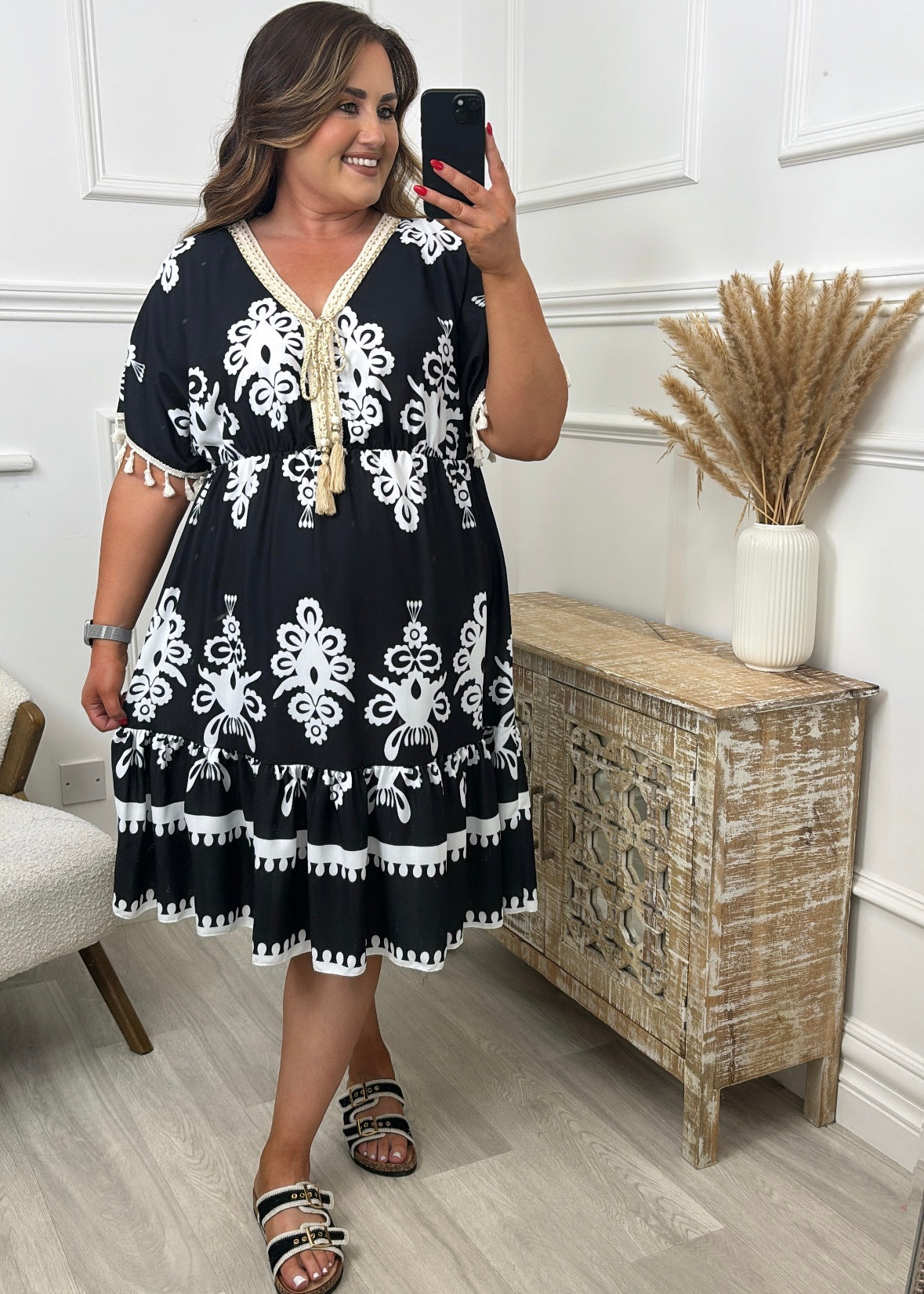 Ginny Black Ethnic Print Caftan Dress