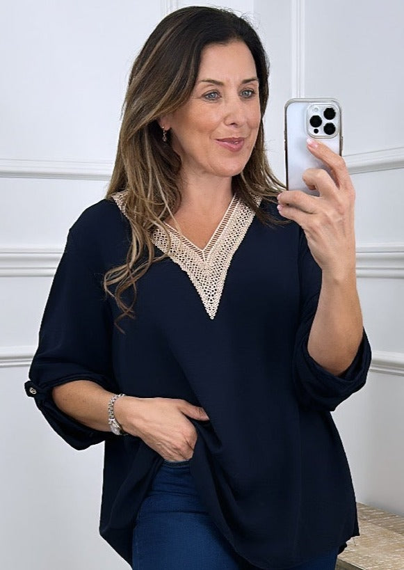 Sarah-Jane Navy Lace Detail Blouse