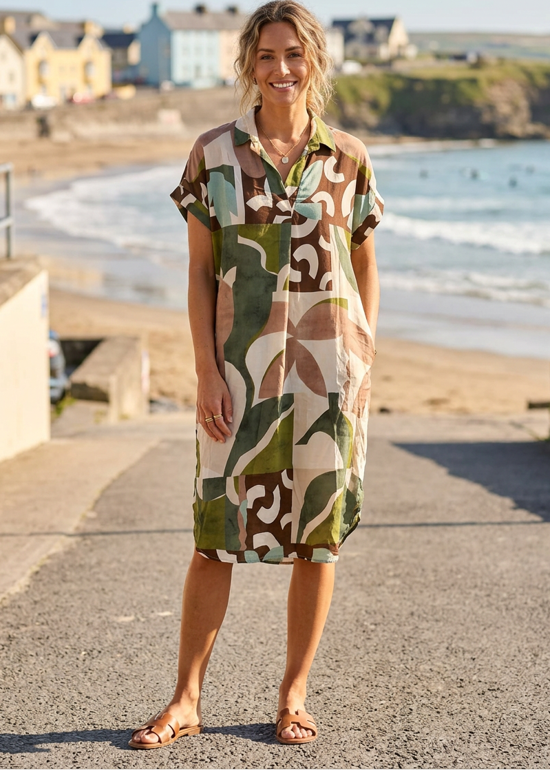 Deborah Khaki Print Collar Dress