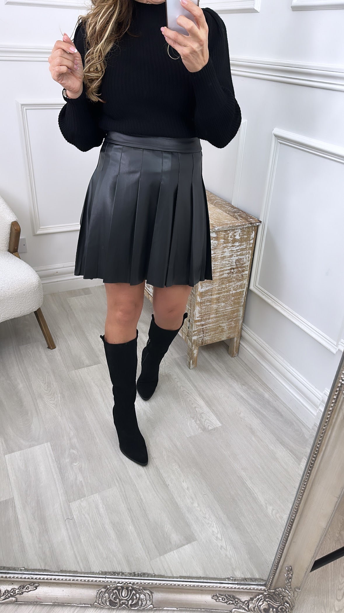 Naomi Black Faux Leather Pleated Skirt