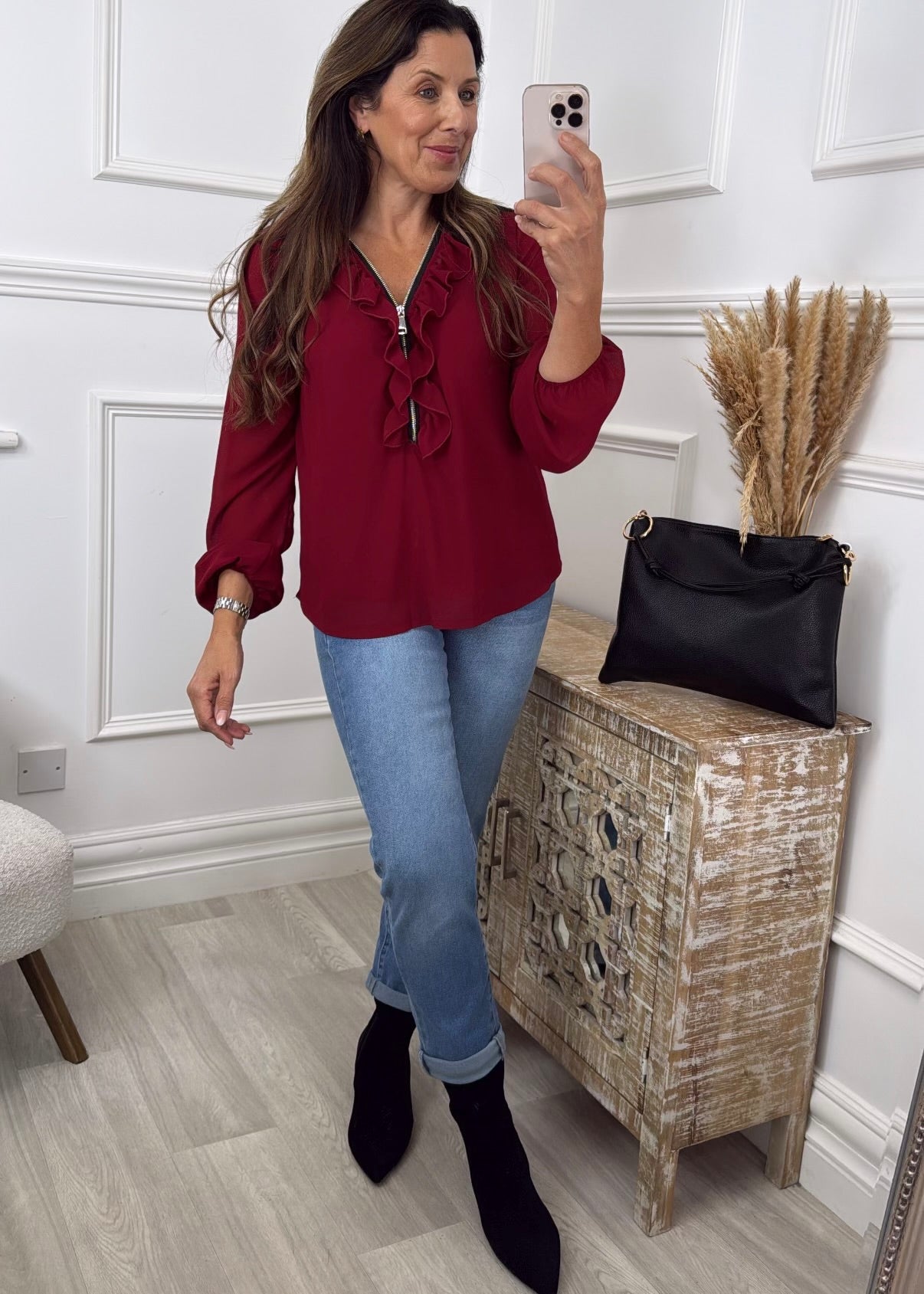 Lenora Wine Ruffle and Zip Neck Top