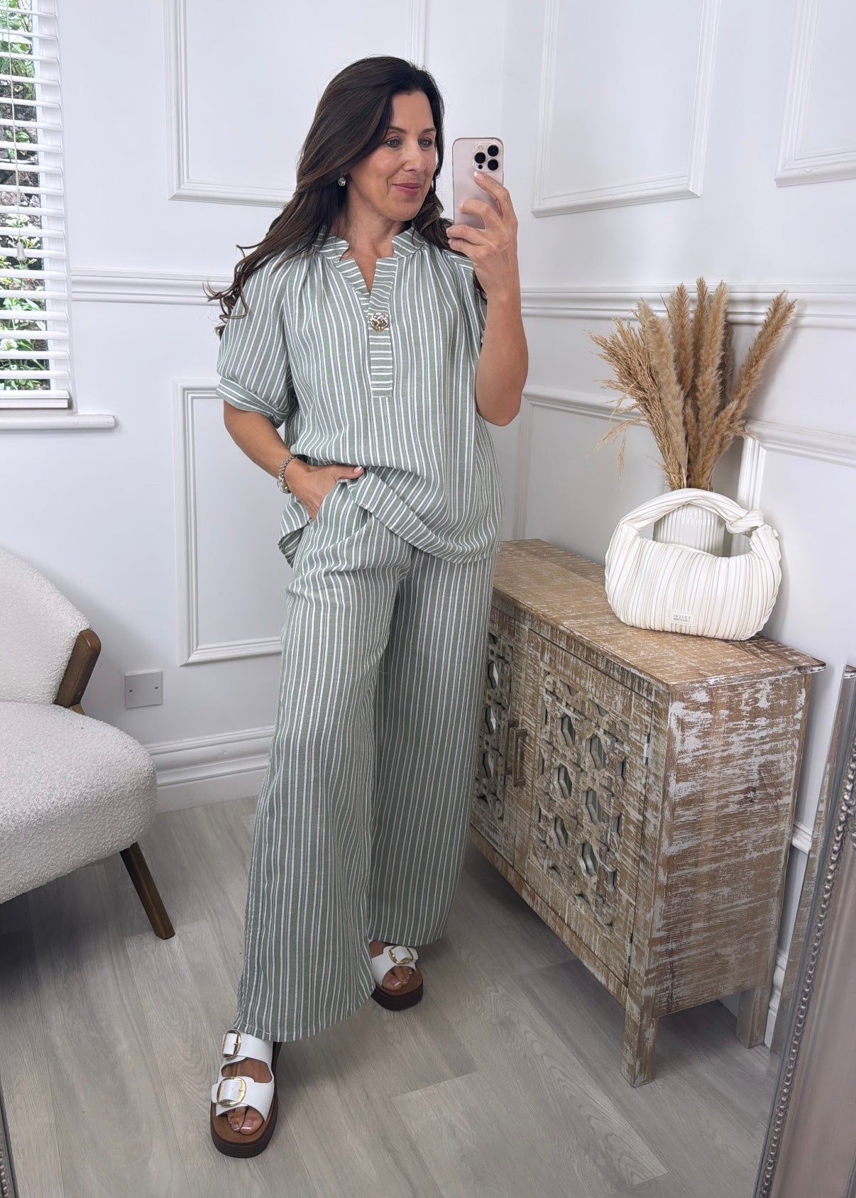 Serena Khaki Top And Pants Striped Set