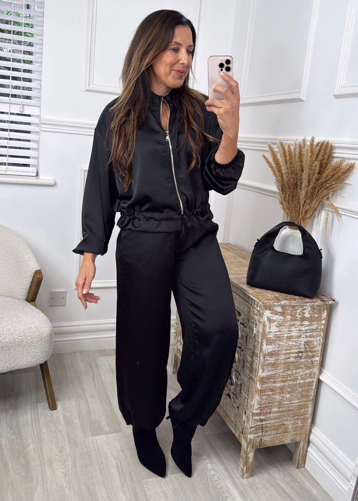 Trina Black Satin Zip Bomber