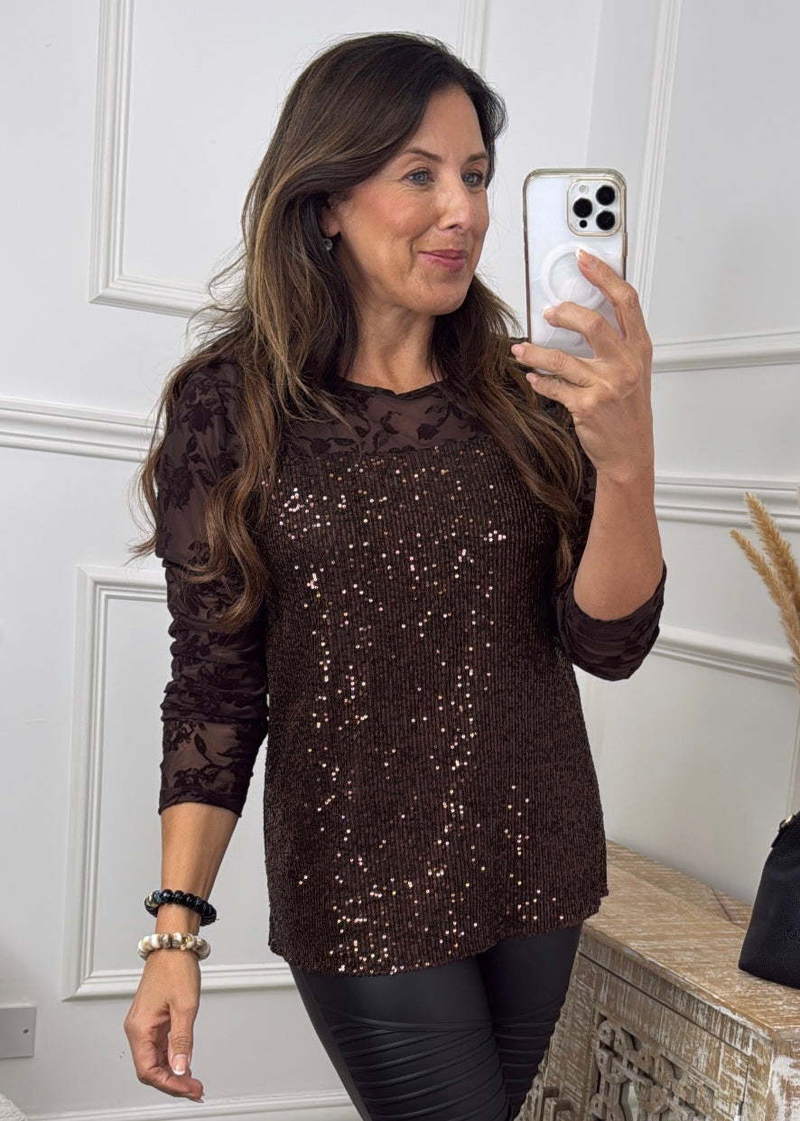 Ayla Brown Sequin and Lace Top