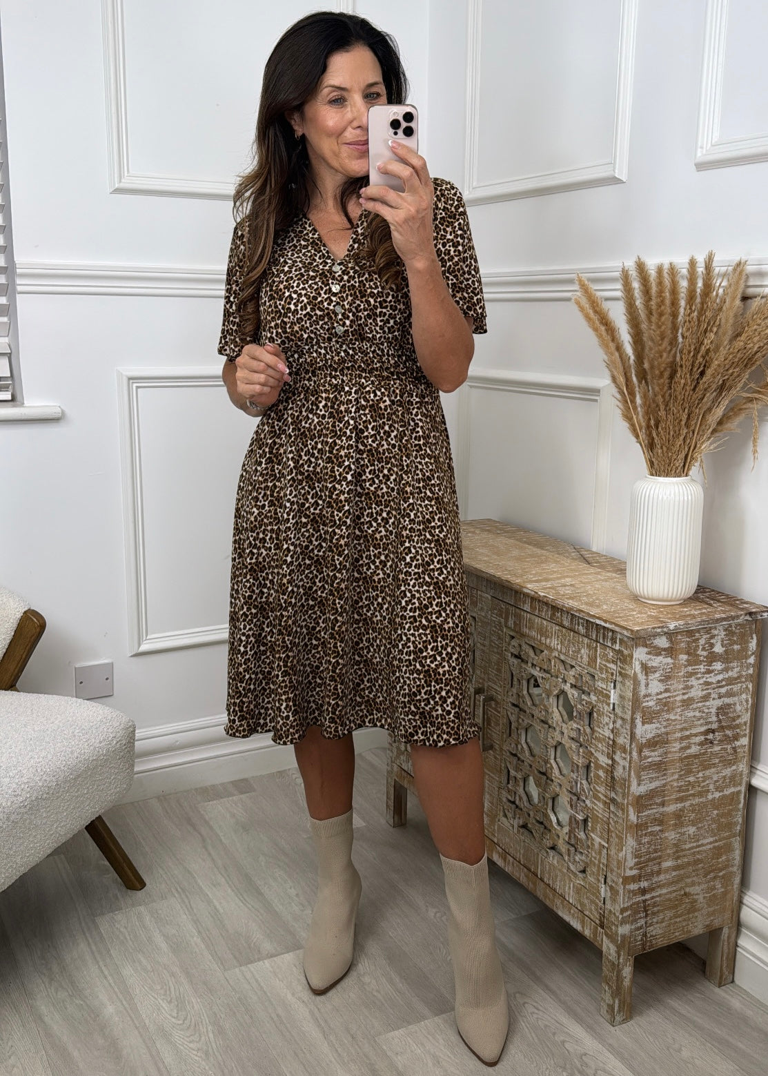 Iris Black Leopard Shirred Waist Dress