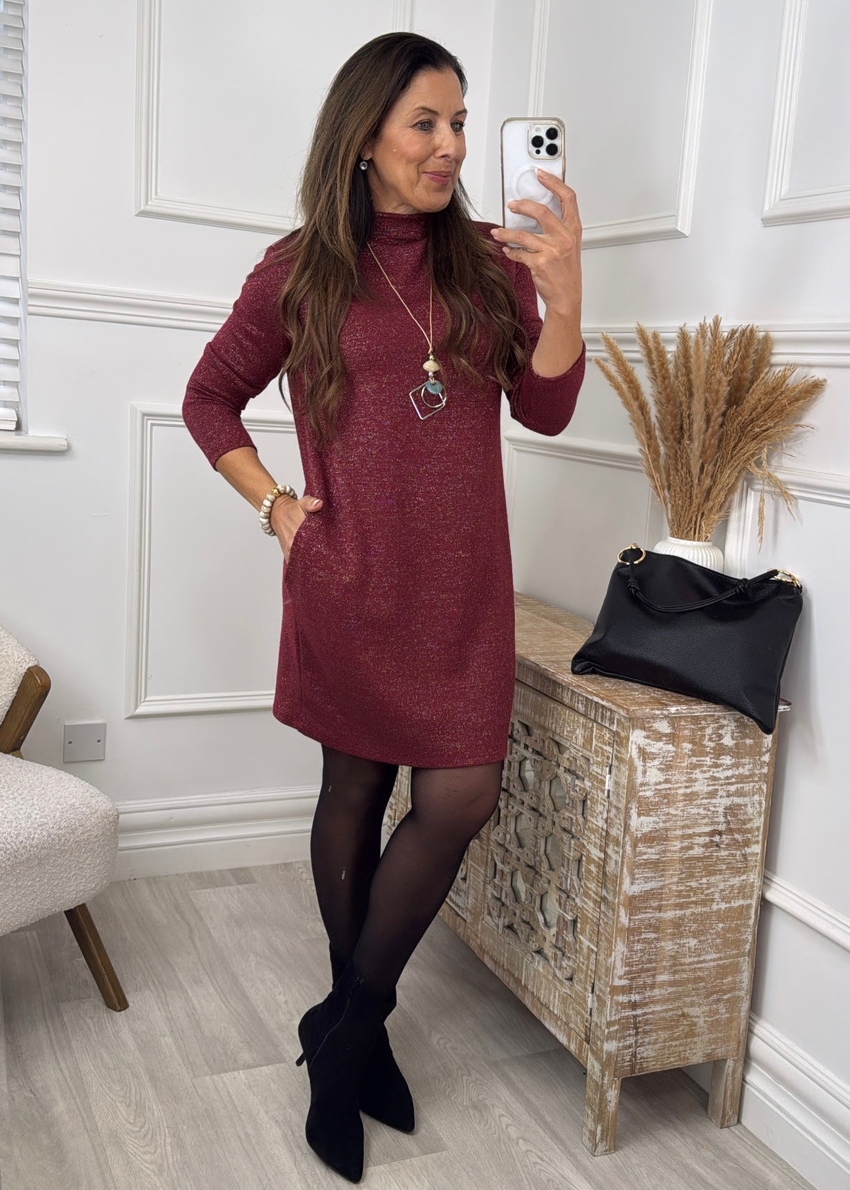 Eira Wine Soft Touch Dress With Necklace