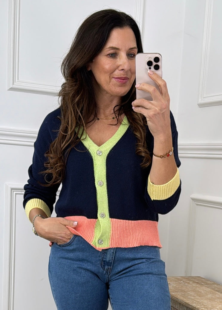 Philippa Navy Contrasting Trim Cardigan