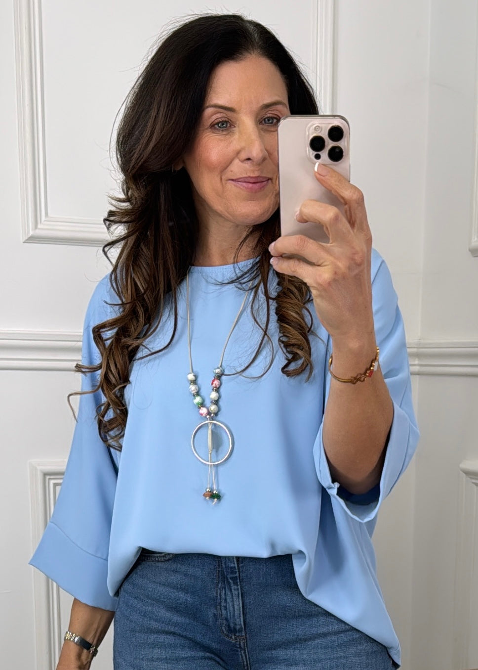 Brenna Blue Flowing Blouse With Necklace