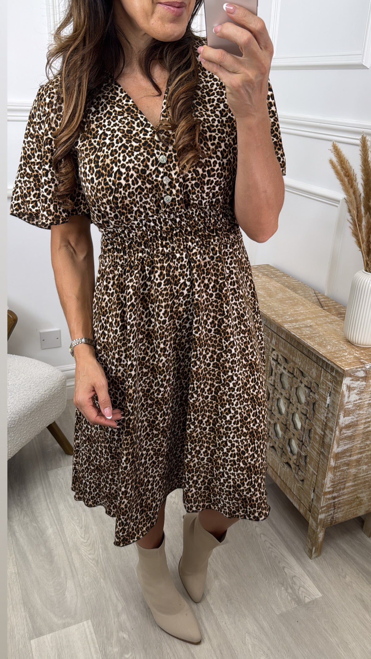 Iris Black Leopard Shirred Waist Dress