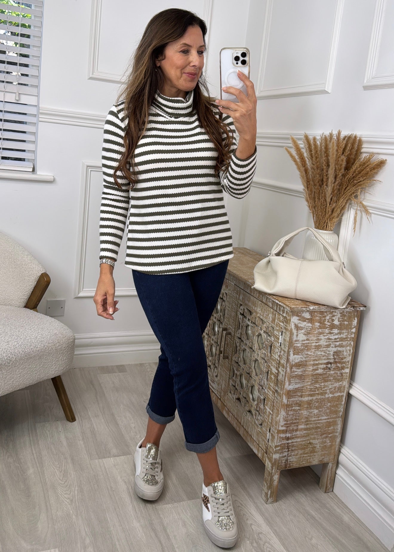 Saskia Khaki Striped Roll Neck Top