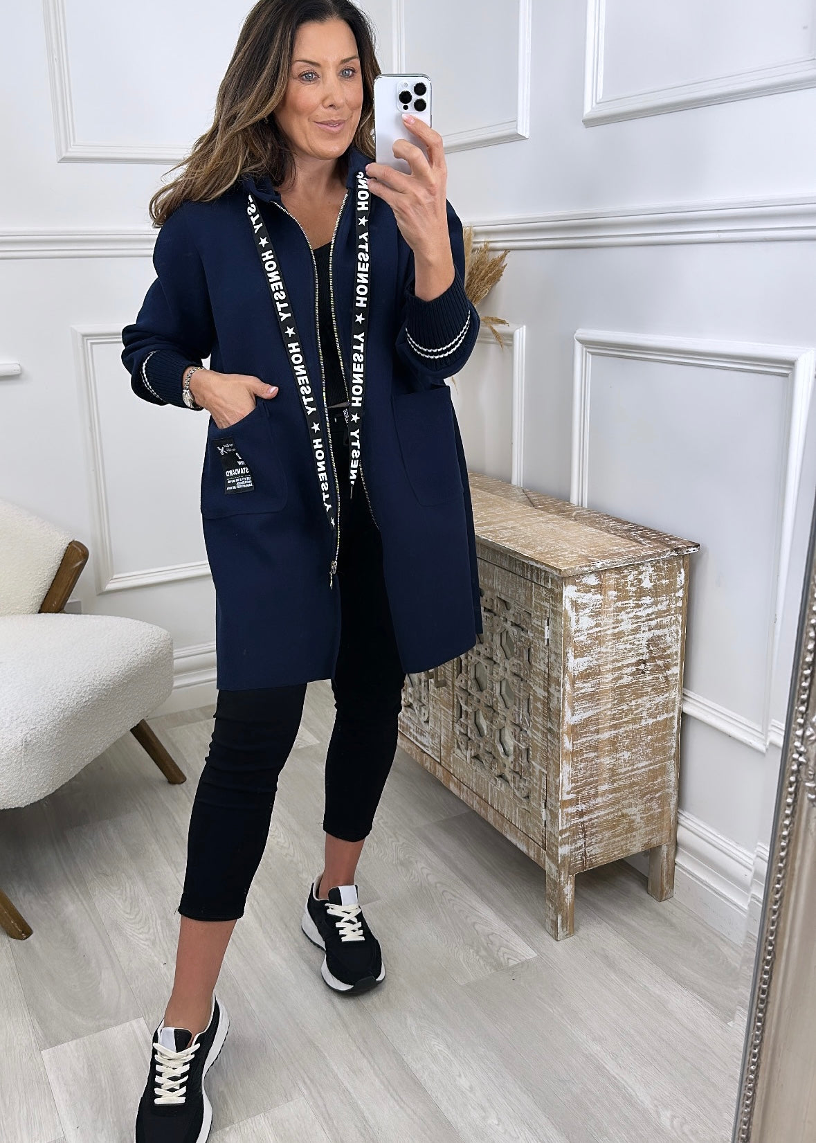 Enya Navy Hooded Duster Jacket