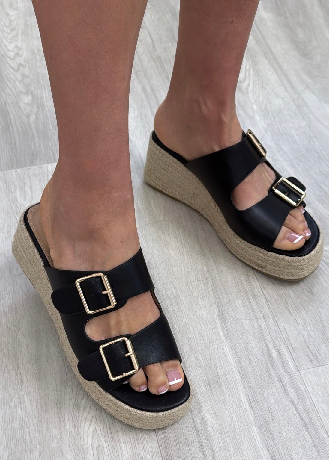 Cathy Black Wedge Buckle Sandals