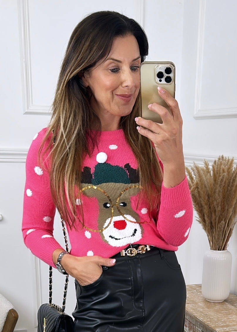 Tinsel Pink Rudolph Print Jumper