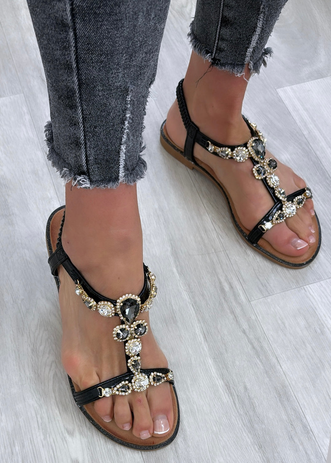 Leandra Black Jewel T-Bar Sandals