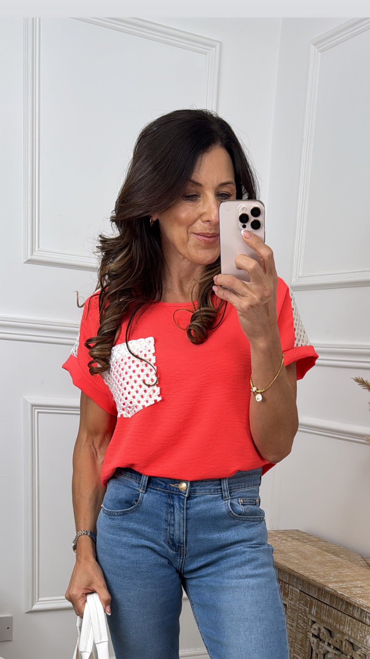 Neasa Coral Crochet Detail Top