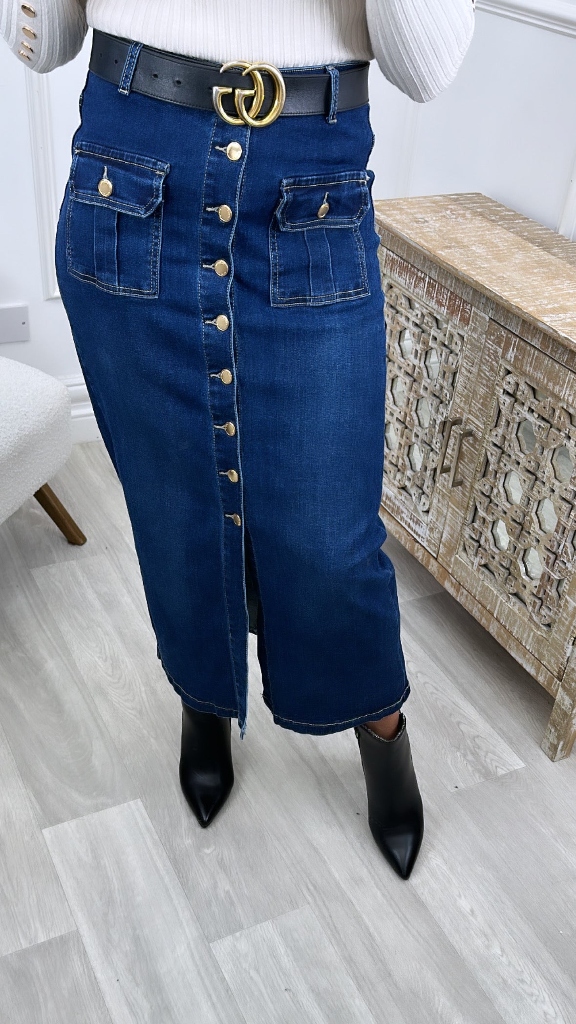 Gretta Blue Button Detail Denim Skirt