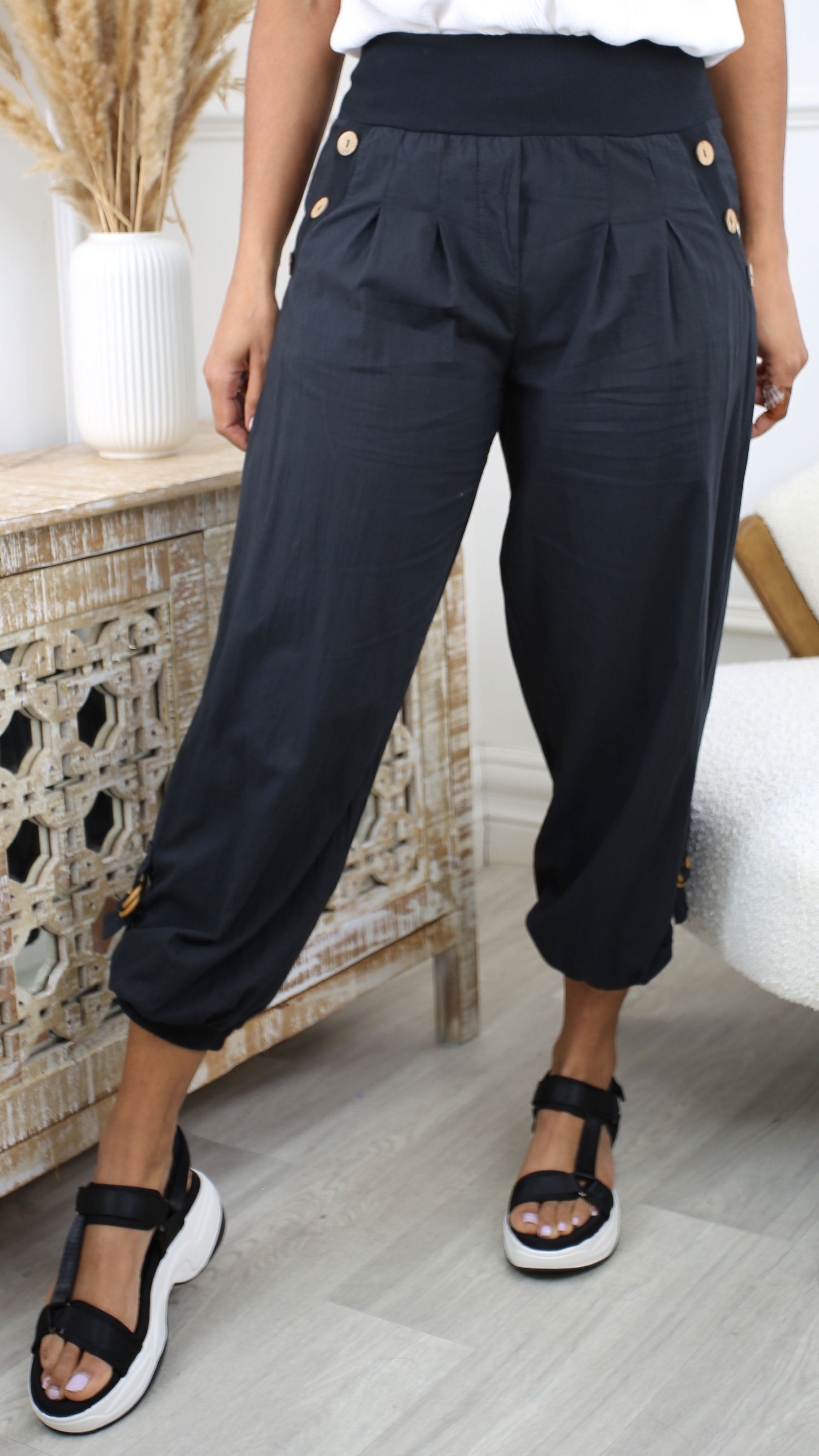 Jola Black Button Detail Harem Trousers