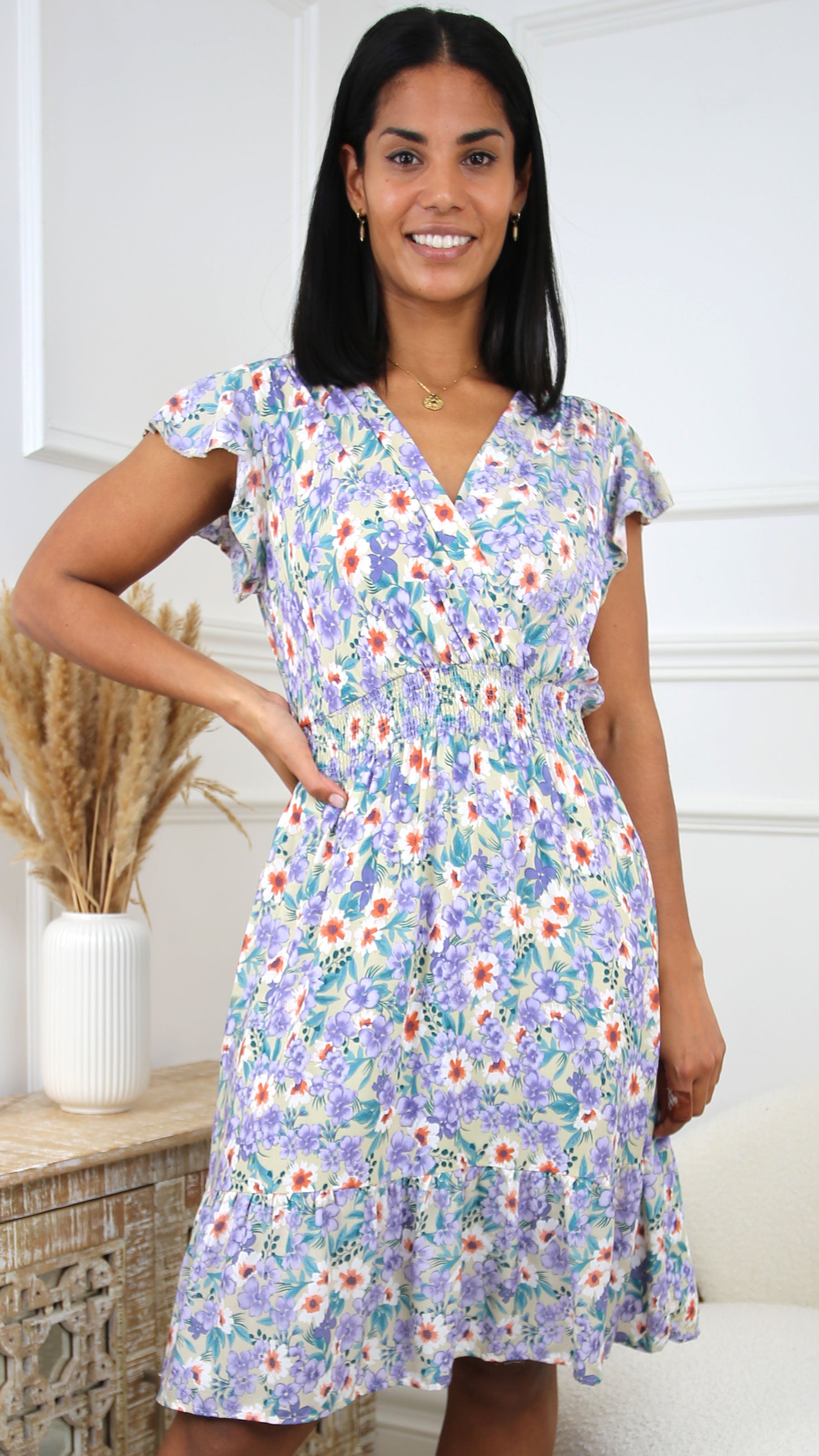 Una Beige Floral Print Midi Dress