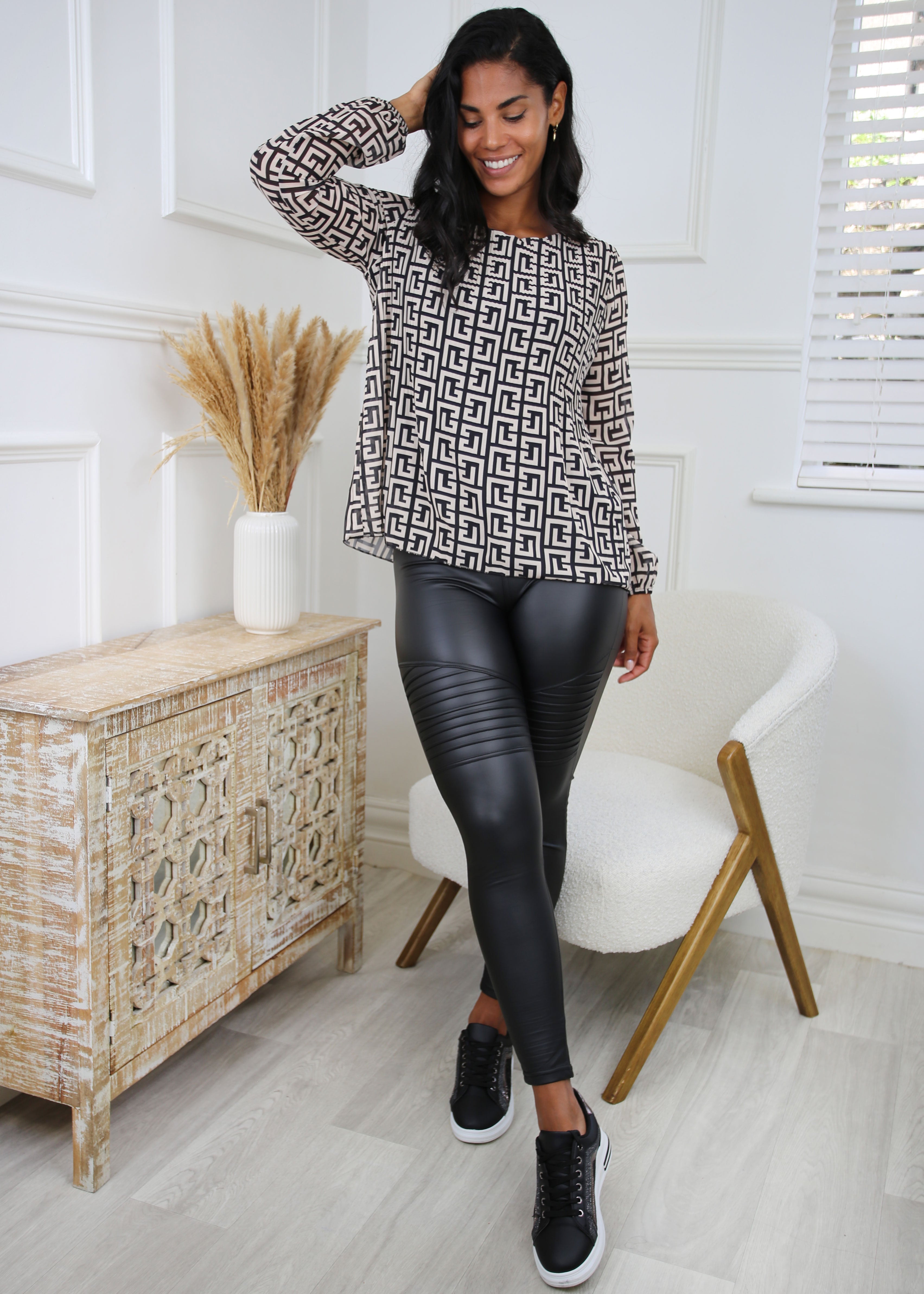 Pia Black Greek Scroll Blouse