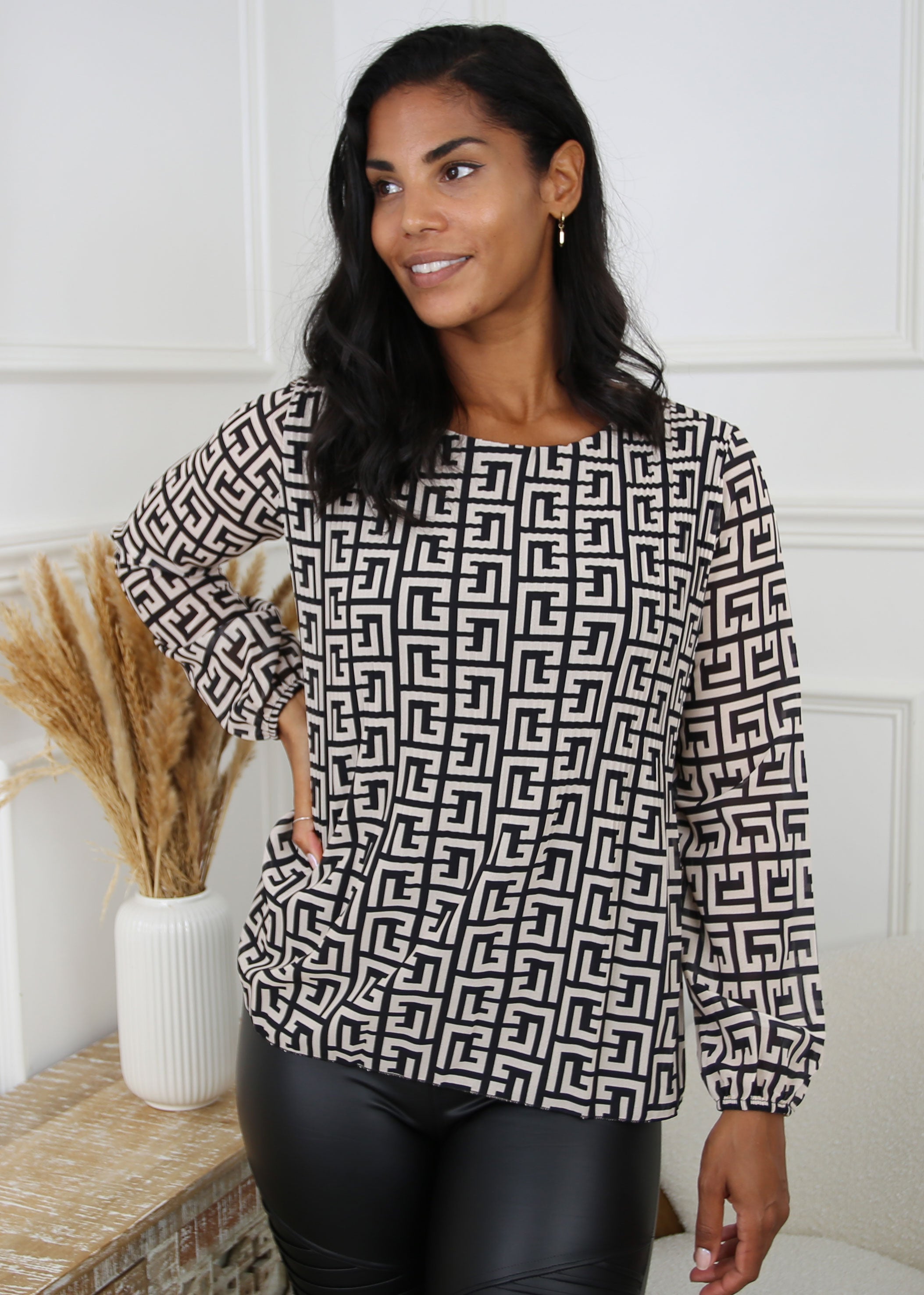 Pia Black Greek Scroll Blouse