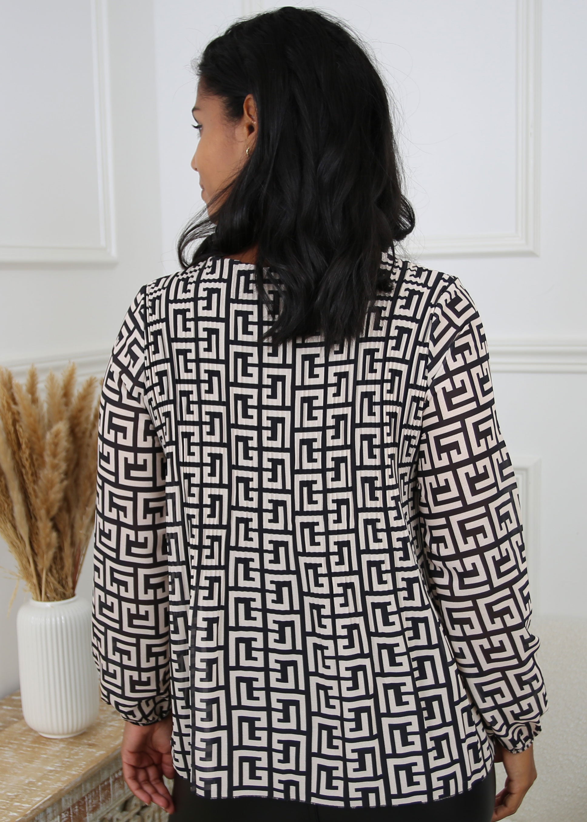 Pia Black Greek Scroll Blouse