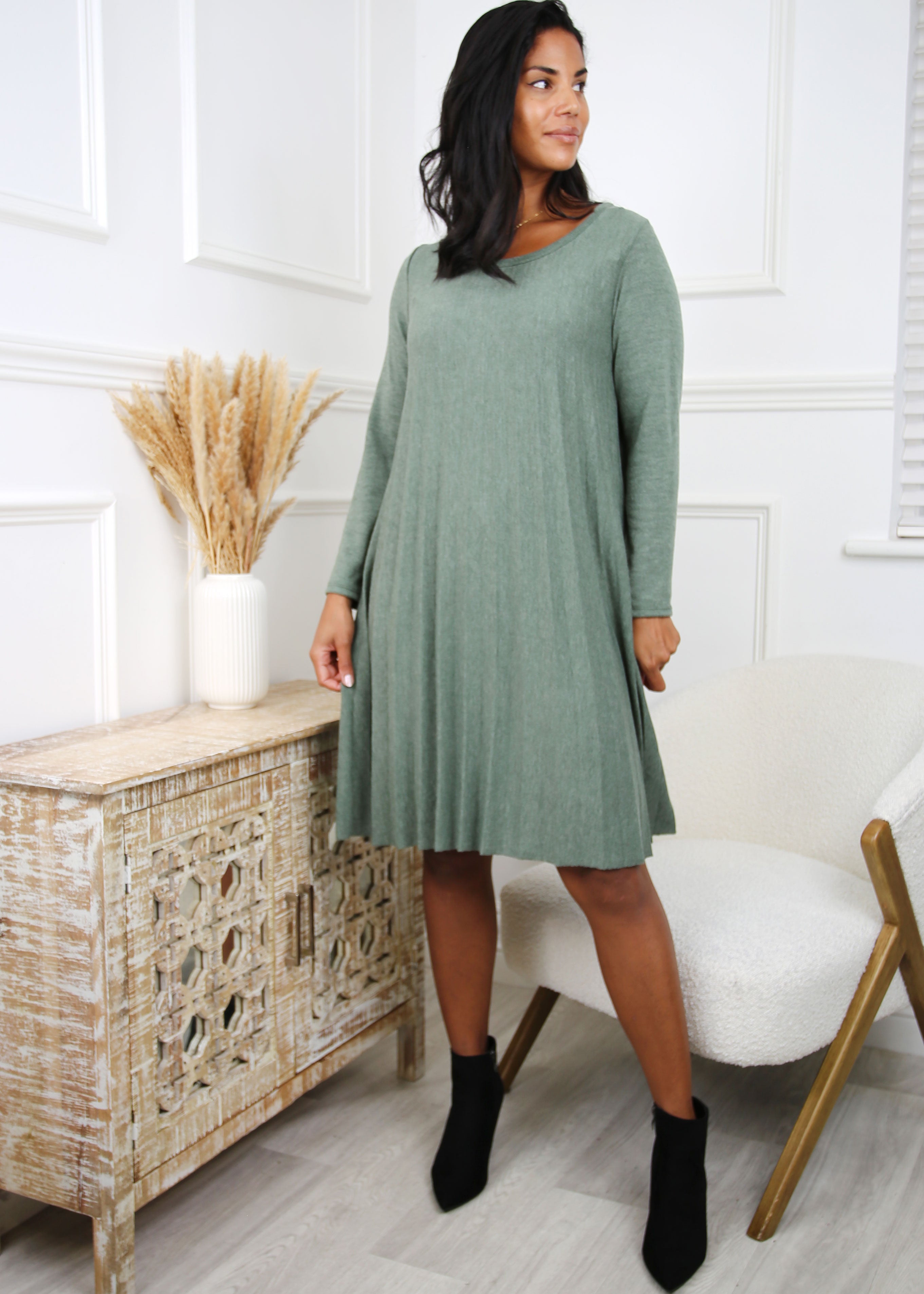 Dallas Khaki Pleated Knit Dress