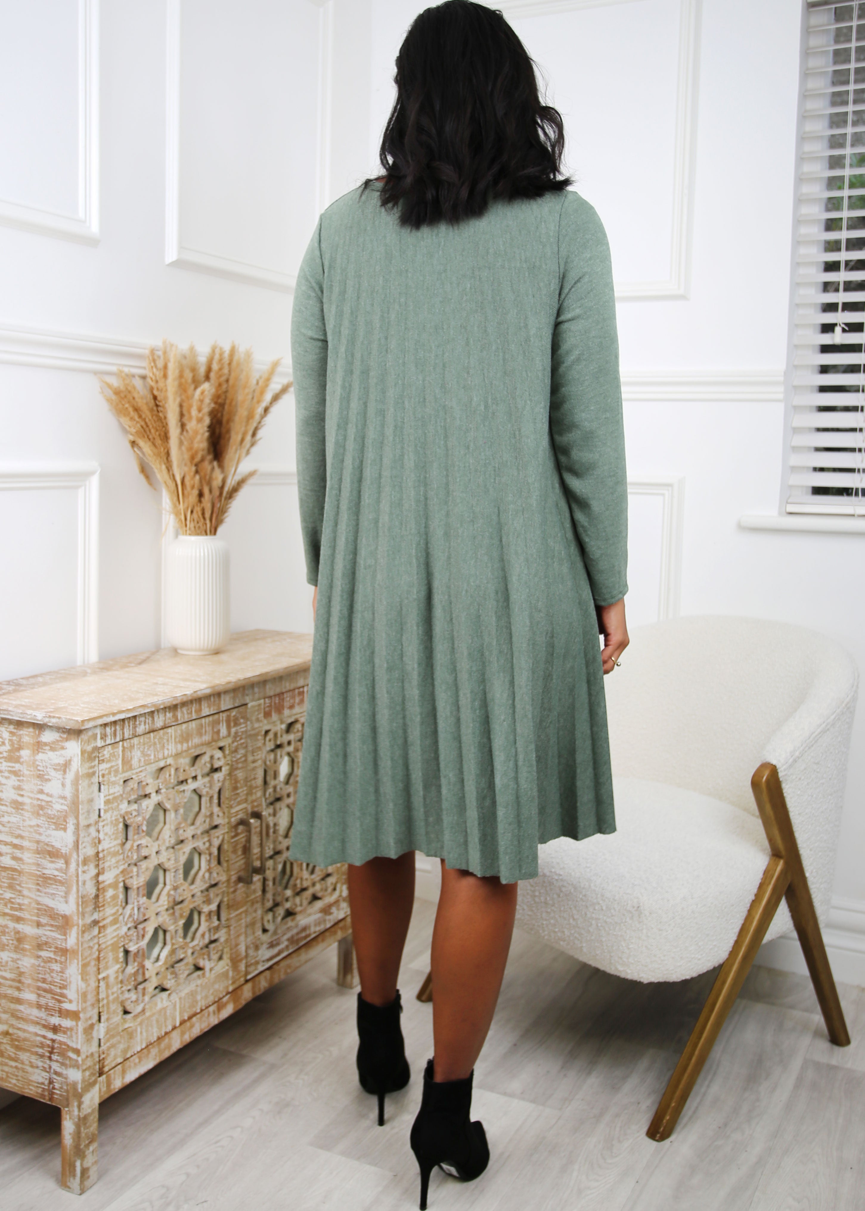 Dallas Khaki Pleated Knit Dress