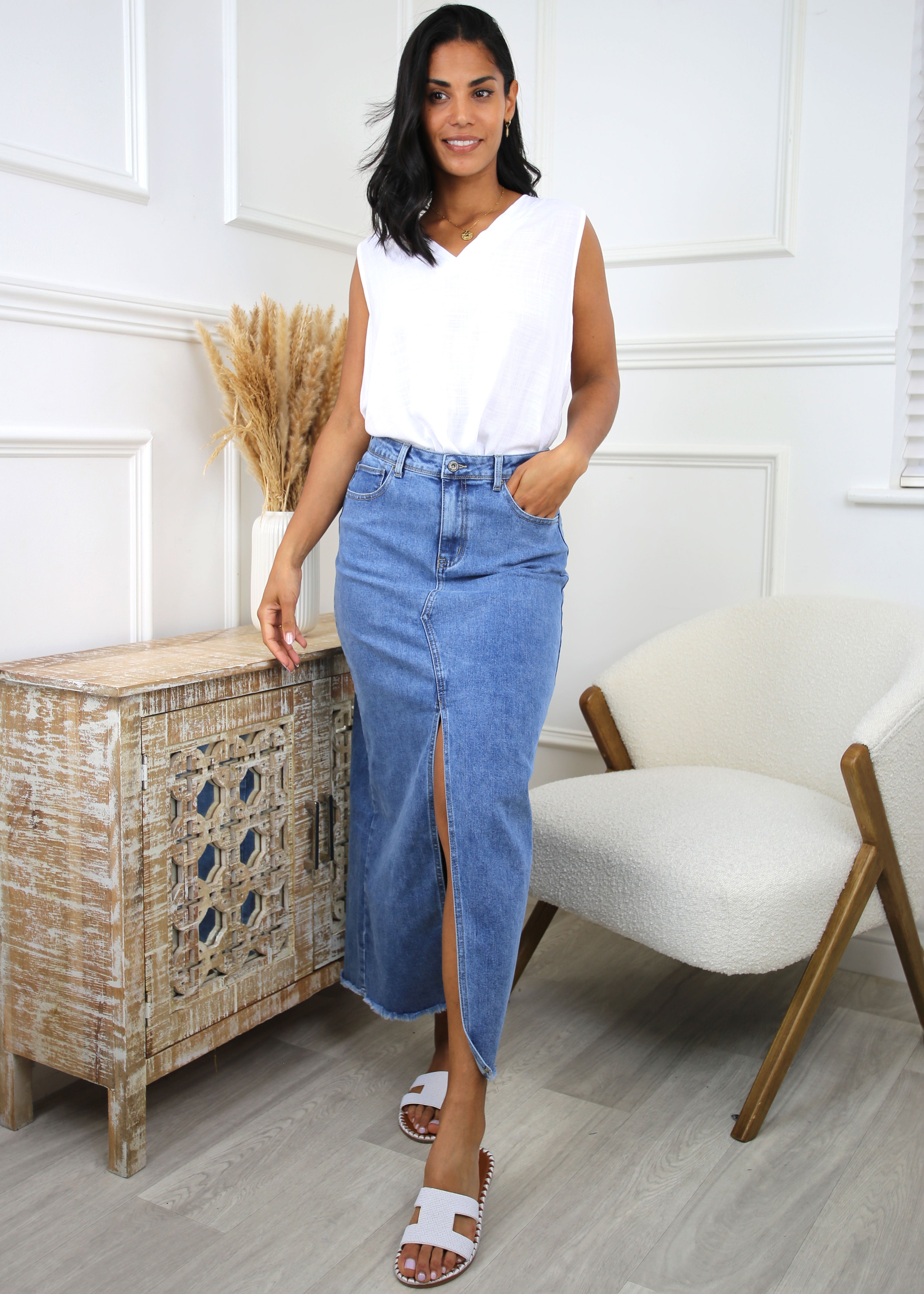 Poppy Blue Front Slit Denim Skirt