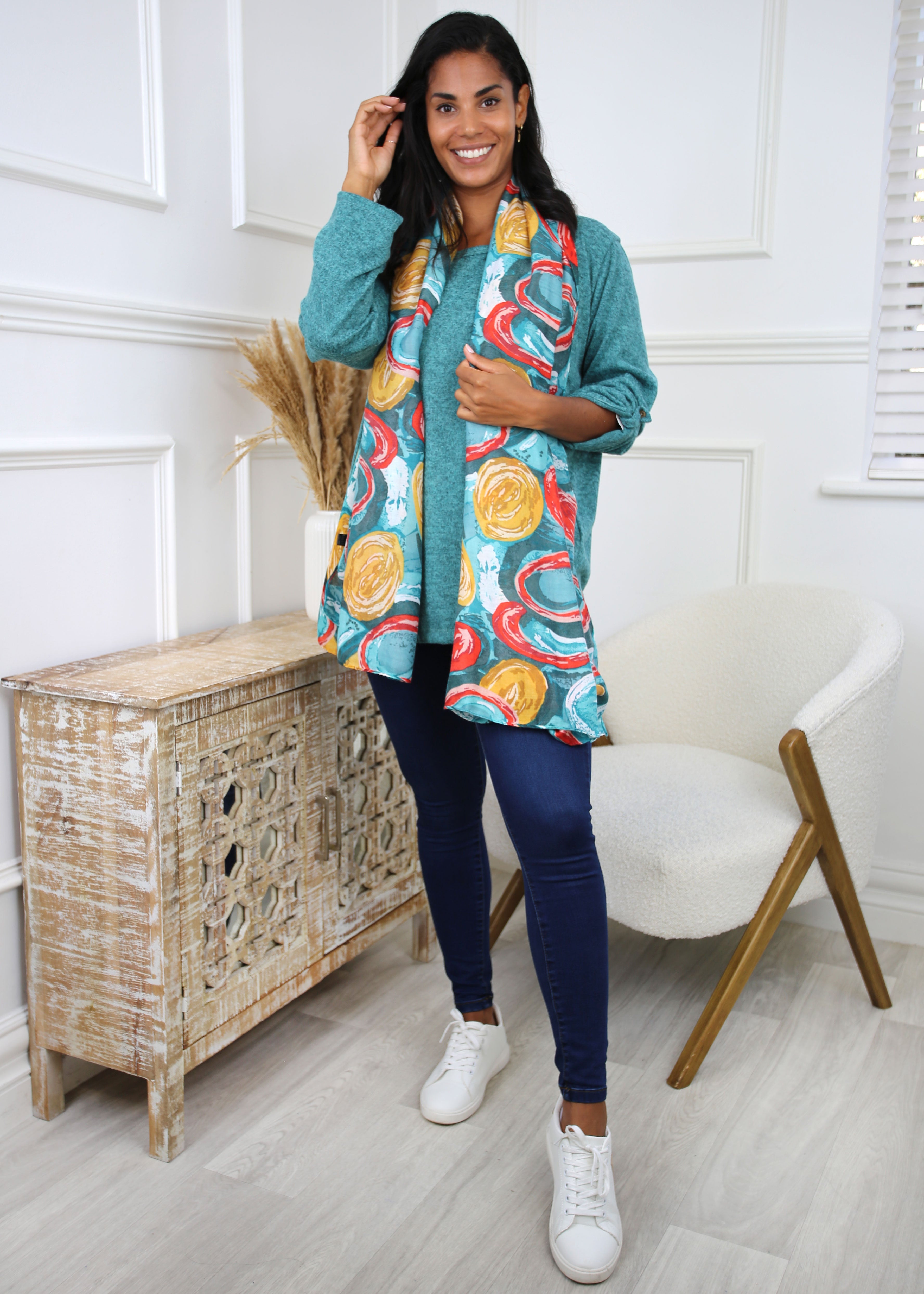 Polly Green Fine Knit Top With Scarf