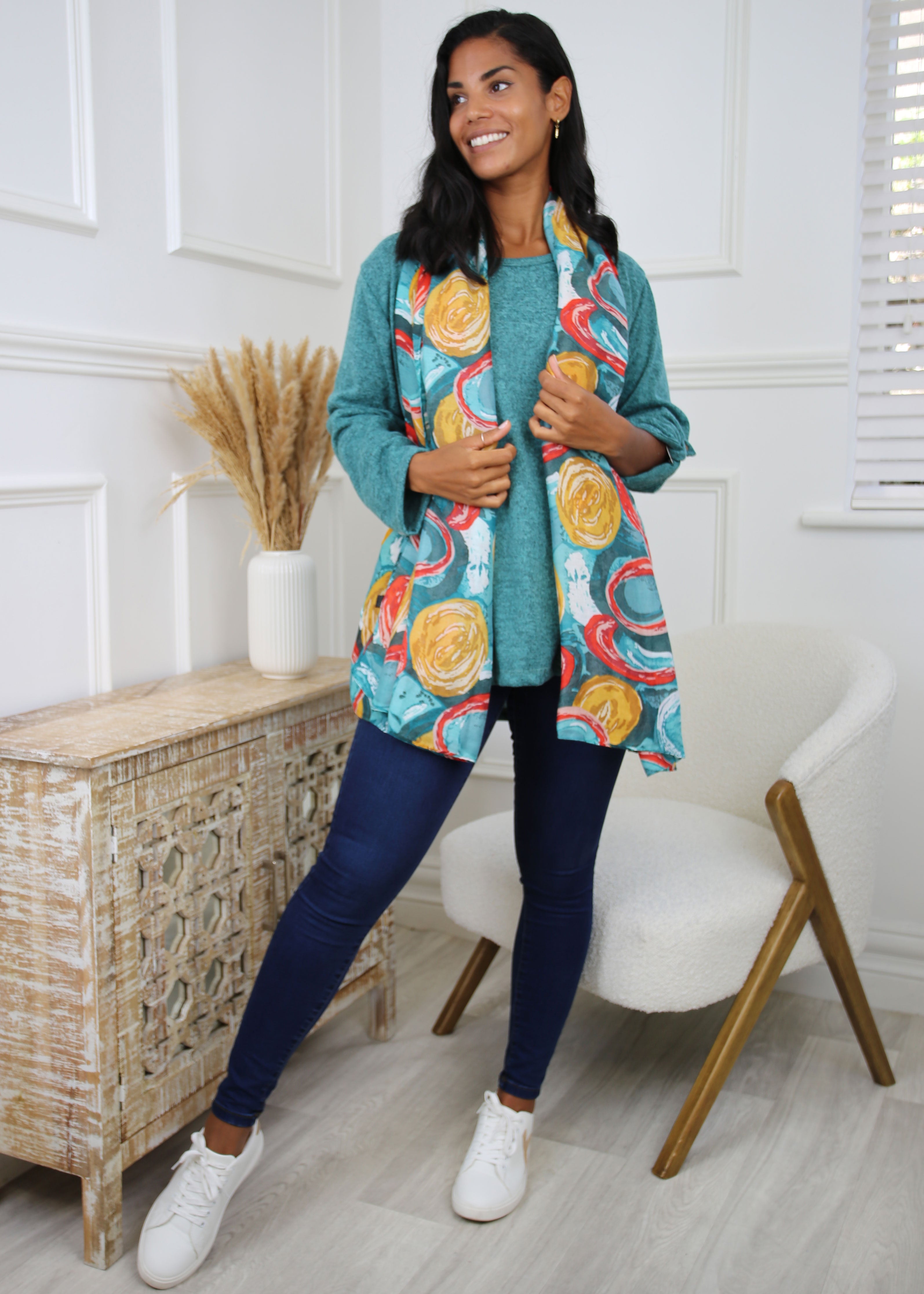 Polly Green Fine Knit Top With Scarf