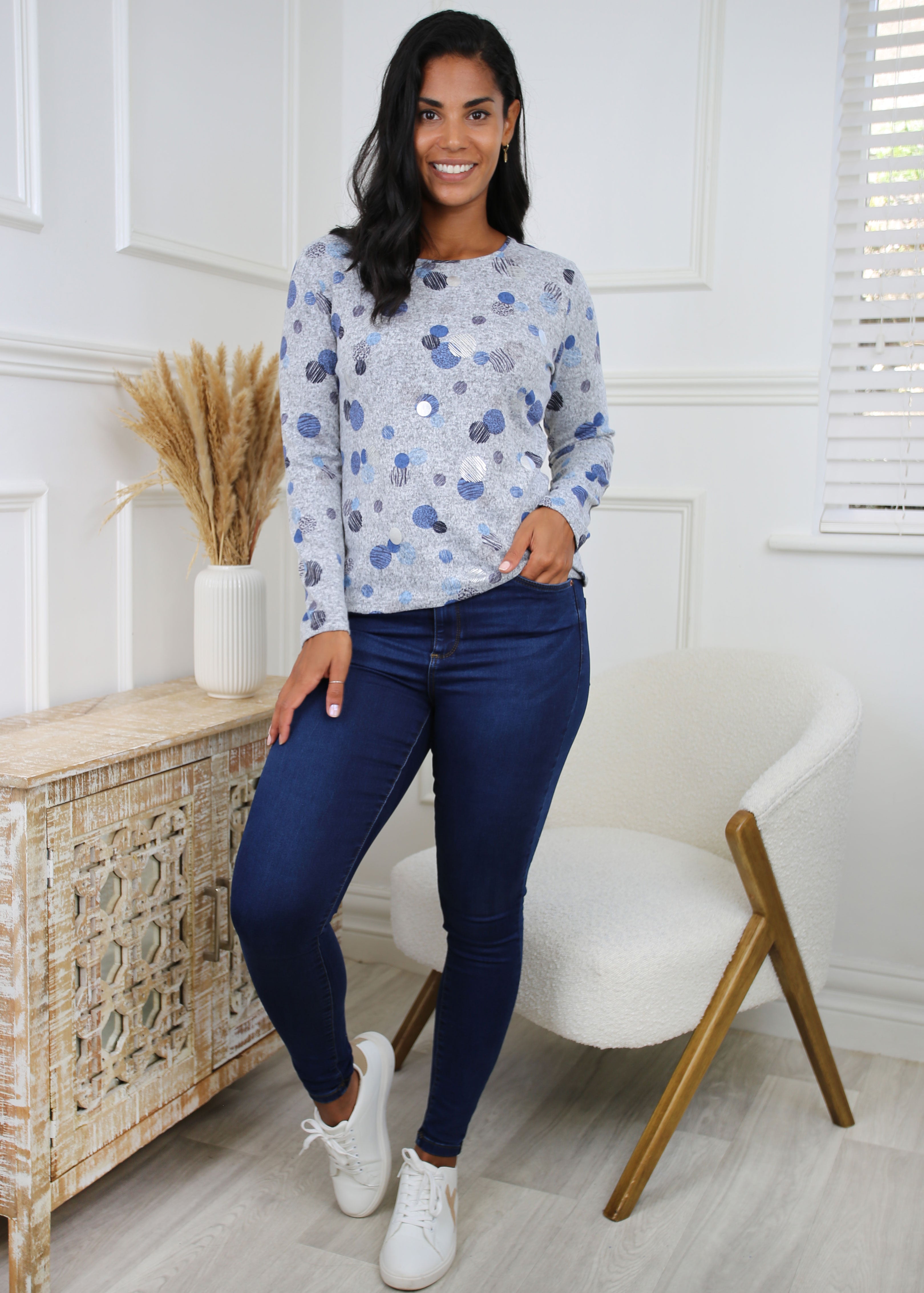 Hanny Grey Dots Print Top