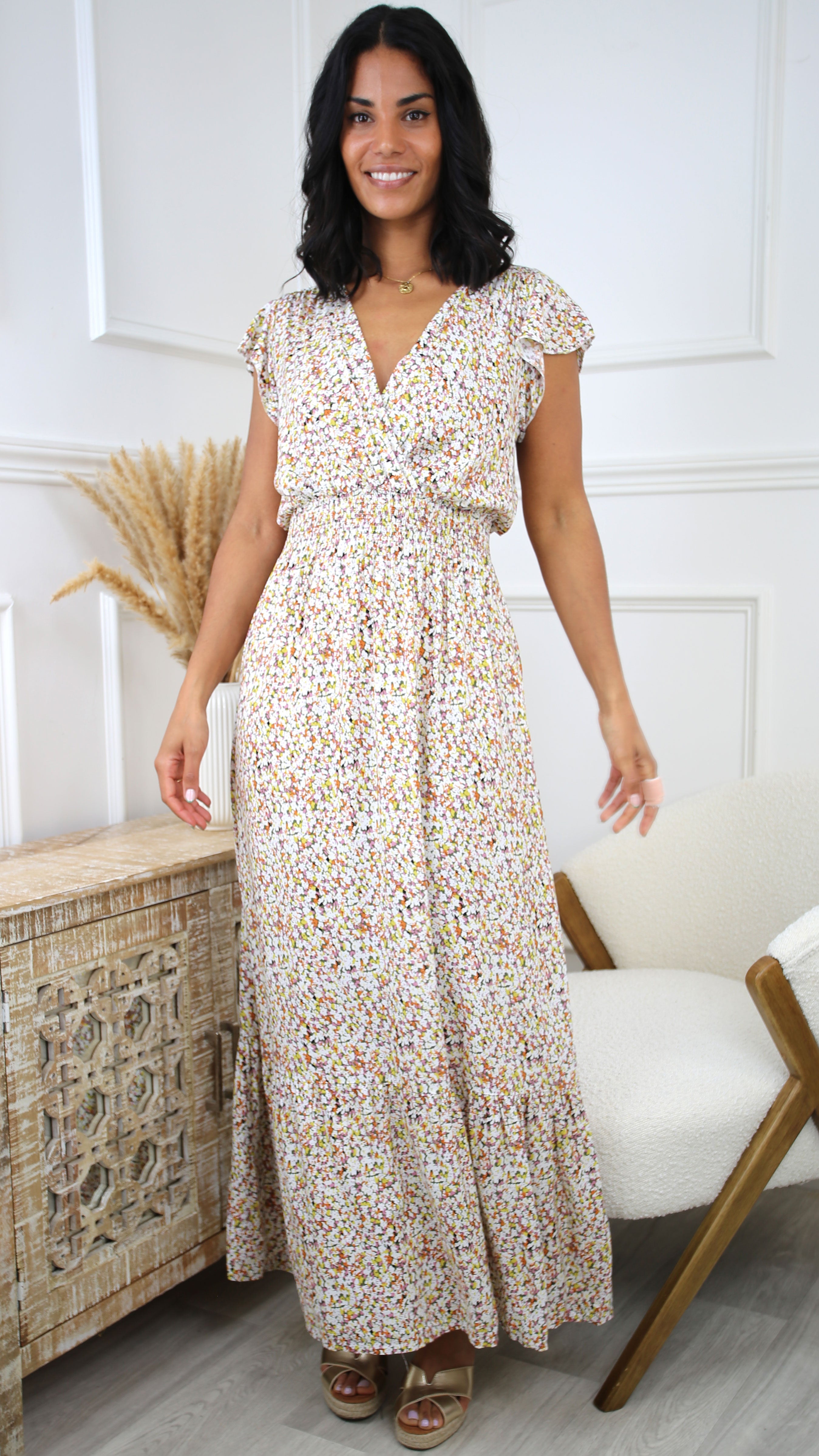 Carrie Yellow Ditsy Print Maxi Dress