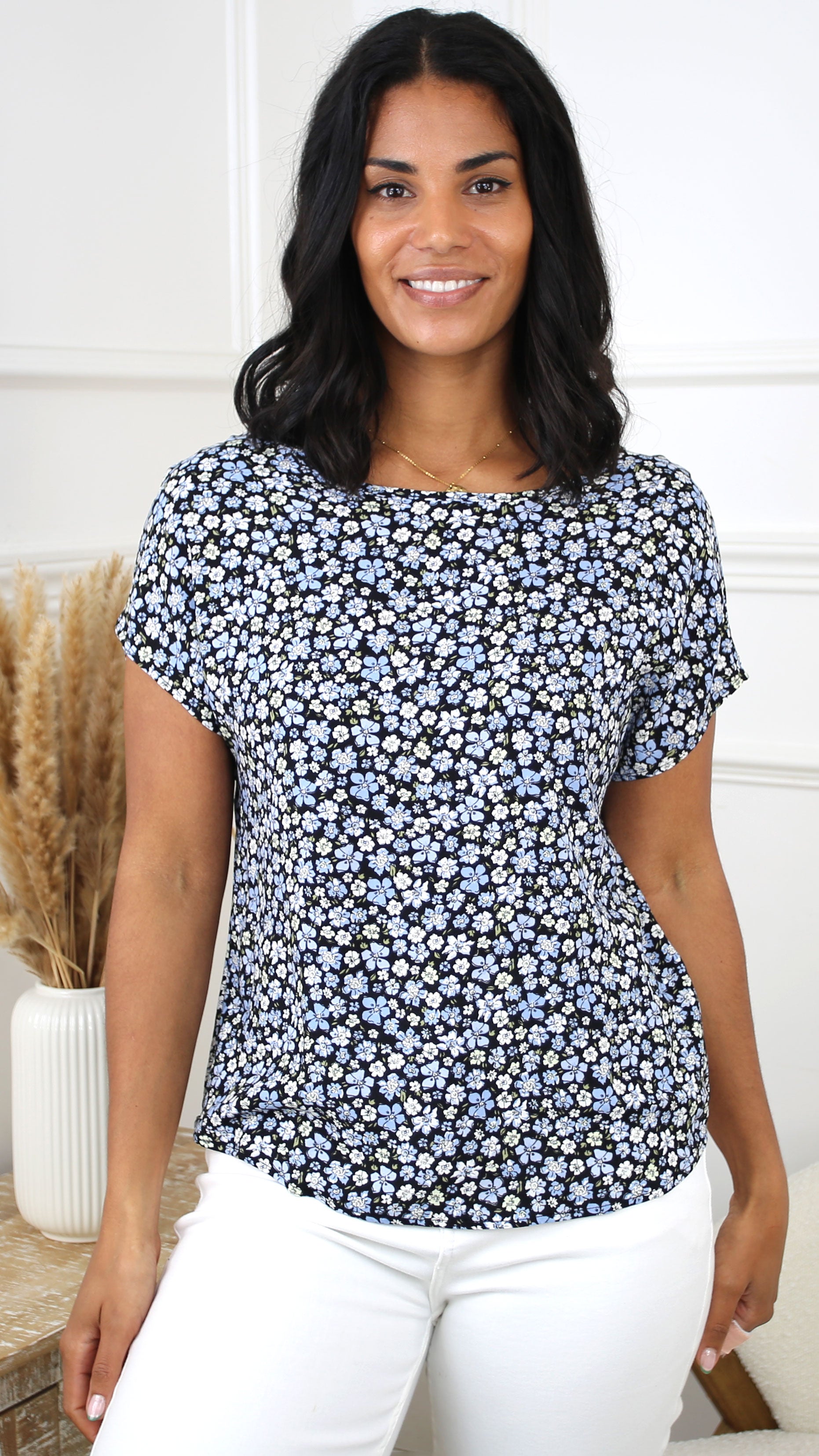 Farina Black Blue Flower Print Top
