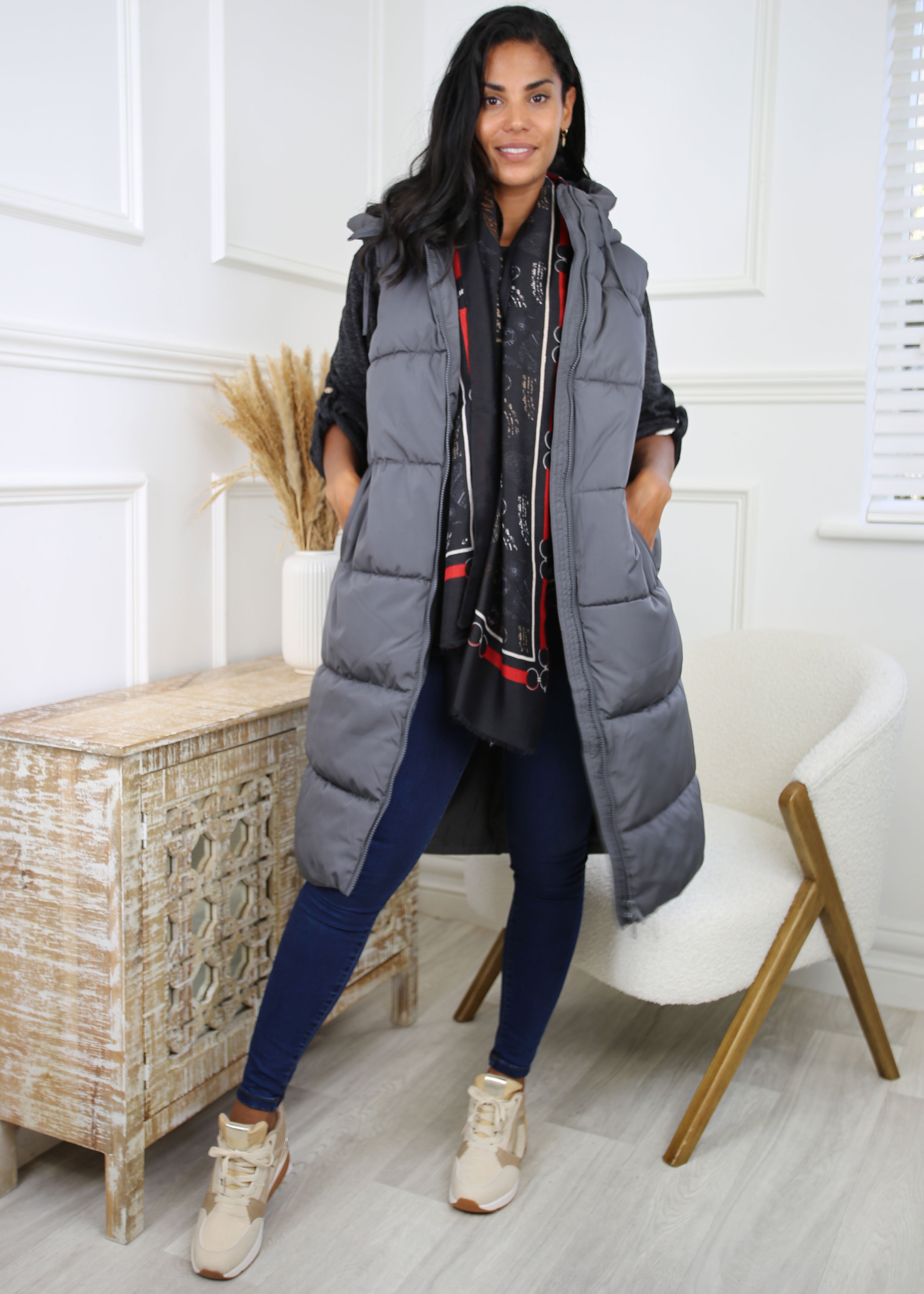 Ligaane Grey Pinstripe High Neck Gilet