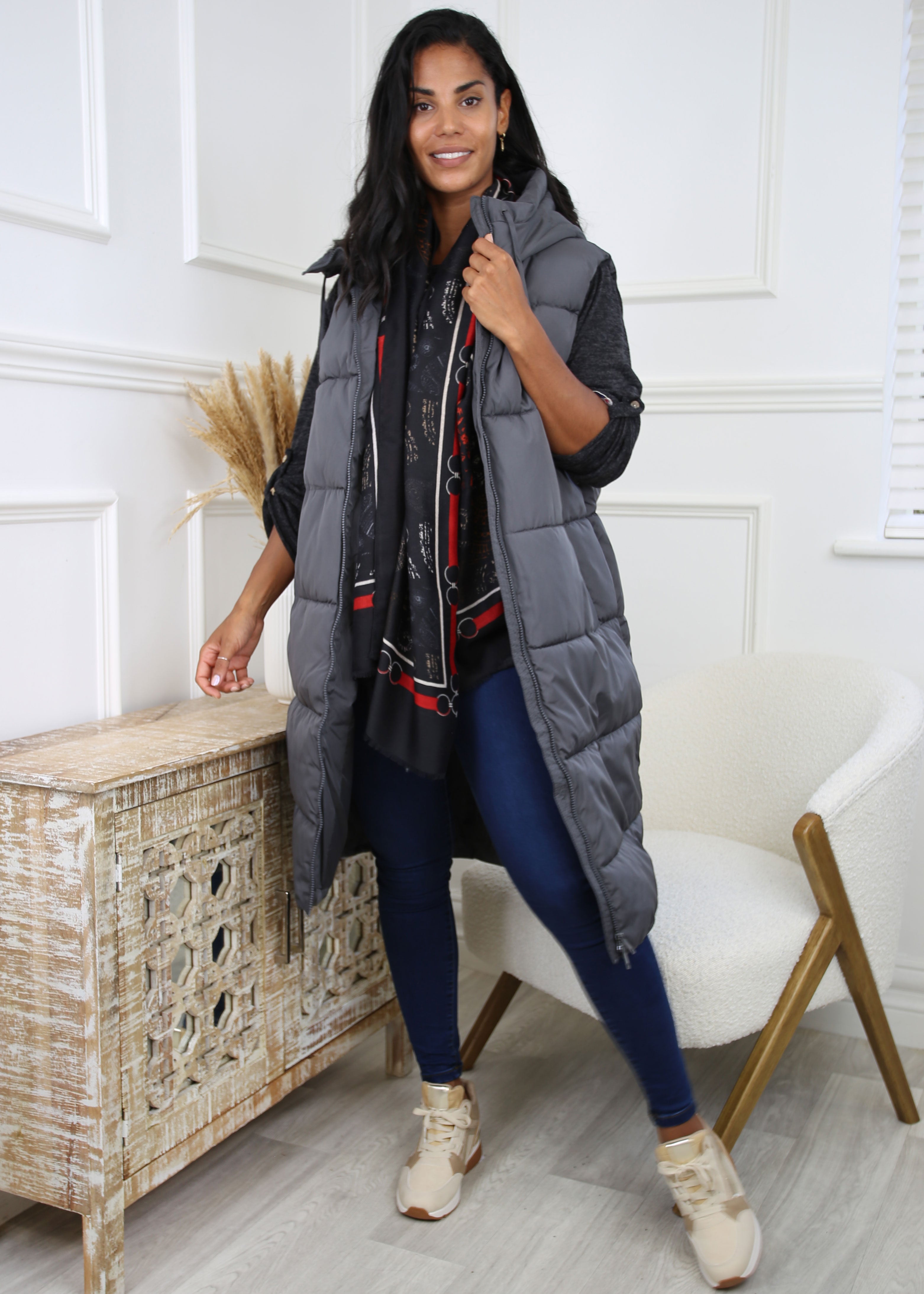 Ligaane Grey Pinstripe High Neck Gilet