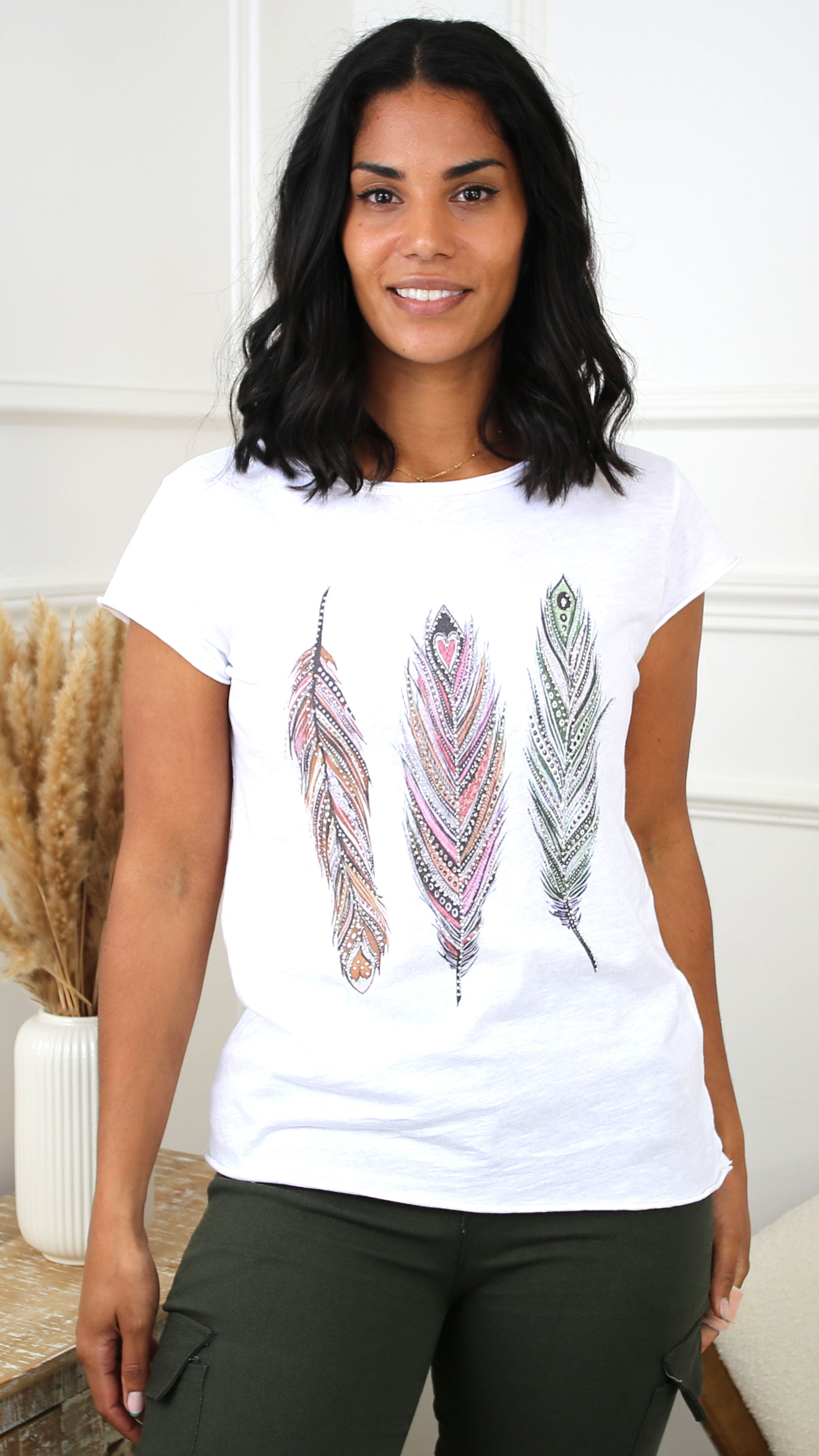 Svenja White Feather Print T-Shirt